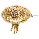 Antique 14K. yellow gold Dutch regional costume brooch with graceful cannetille work and seed pearls