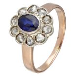 Antique 14K. tricolor gold cluster ring set with diamond and synthetic sapphire.