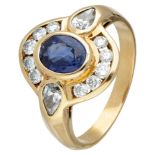18 kt Yellow gold ring set with approx. 0.56 ct. diamond and approx. 1.21 ct. natural sapphire.
