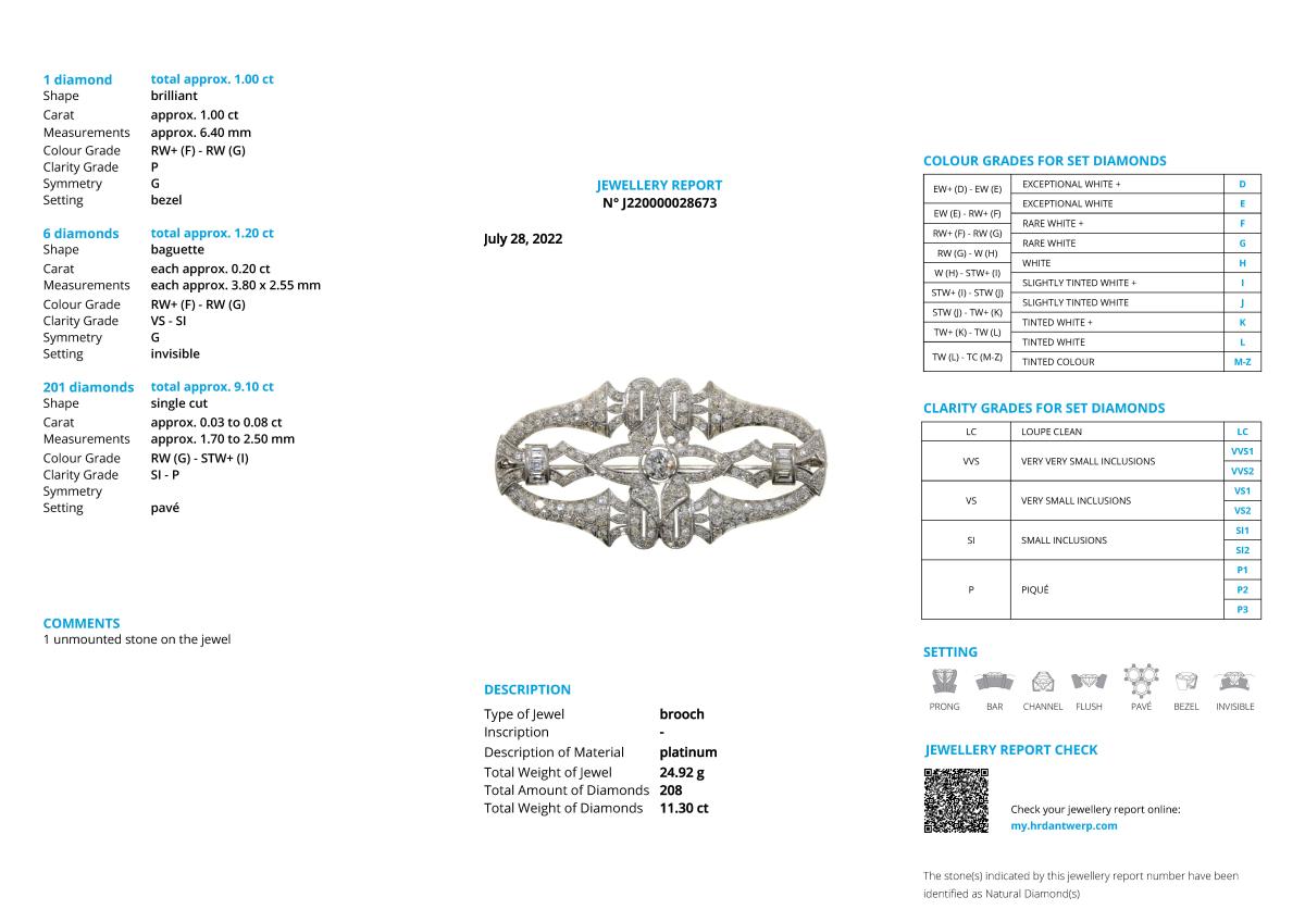 Pt 900 platinum Art Deco brooch set with approx. 11.30 ct. diamond. - Image 6 of 6