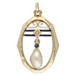 Vintage 14K. yellow gold pendant set with pearl and blue enamel.