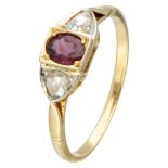 18K. Yellow gold ring set with diamond and synthetic ruby.