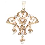 Antique 14K. rose gold pendant set with approx. 0.45 ct. diamond and seed pearls.