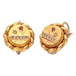 Antique 14K. yellow gold earrings set with garnet and seed pearl.