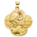 18K. Yellow gold Art Nouveau repoussé pendant set with a rose-cut diamond.