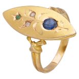 Antique 14K. yellow gold marquise ring set with natural sapphire, emerald and diamond.