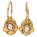 Antique 18K. yellow gold earrings with blue and white enamel.