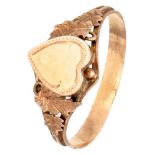 Antique 14K. rose gold heart-shaped mourning ring with leaves on the shank.