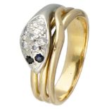 18K. Bicolor gold vintage snake ring set with diamond and natural sapphire.