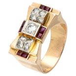 Retro 14K. yellow gold bow-shaped tank ring set with approx 0.47 ct. diamond and ruby.