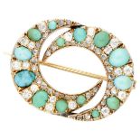 14K. Yellow gold brooch in the shape of two crescents set with approx. 0.70 ct. diamond and turquois