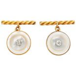 Antique 20K. yellow gold cufflinks set with approx. 0.26 ct. diamond and mother-of-pearl.