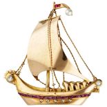 14K. Yellow gold vintage sailboat brooch set with diamond, natural ruby and pearl.