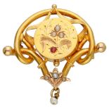 14K. Yellow gold Art Nouveau brooch set with seed pearls and glass garnet.