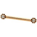 Antique 14K. yellow gold bar brooch set with rose cut diamonds and seed pearls.