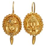 14K. Yellow gold antique Dutch regional costume earrings with graceful cannetille work.