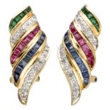 18K. Yellow gold Italian design earrings set with diamond, sapphire, ruby and emerald.