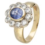 18K. Yellow gold rosette ring set with approx. 1.58 ct. natural sapphire and approx. 0.70 ct. diamon