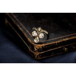 Antique 14K. yellow gold Duchesse or Tiara trefoil ring set with rose cut diamond in silver.