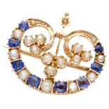 Antique 14K. yellow gold brooch set with seed pearls and blue top doublets as a sapphire imitation.
