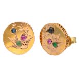 Antique 18K. yellow gold earrings set with ruby, sapphire and emerald.