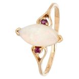 Vintage 14K. yellow gold ring set with approx. 1.15 ct. opal and ruby.
