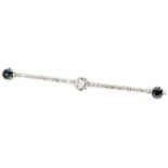 Pt 900 platinum Art Deco bar brooch set with approx. 1.60 ct. diamond and approx. 1.96 ct. sapphire.