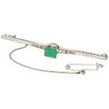 Vintage 14K. white gold bar brooch set with approx. 0.07 ct. diamond and approx. 0.85 ct. emerald.