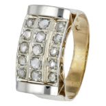 18K. Bicolor gold retro tank ring set with rose cut diamond.