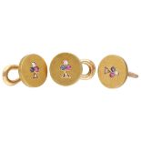 Set of three antique 18K. yellow gold collar buttons set with diamond, ruby ​​and sapphire.