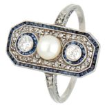 Pt 950 platinum Art Deco ring set with approx. 0.20 ct. diamond, sapphire and pearl.
