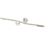Vintage 14K. bicolor gold bar brooch set with approx. 0.60 ct. diamond and pearl.