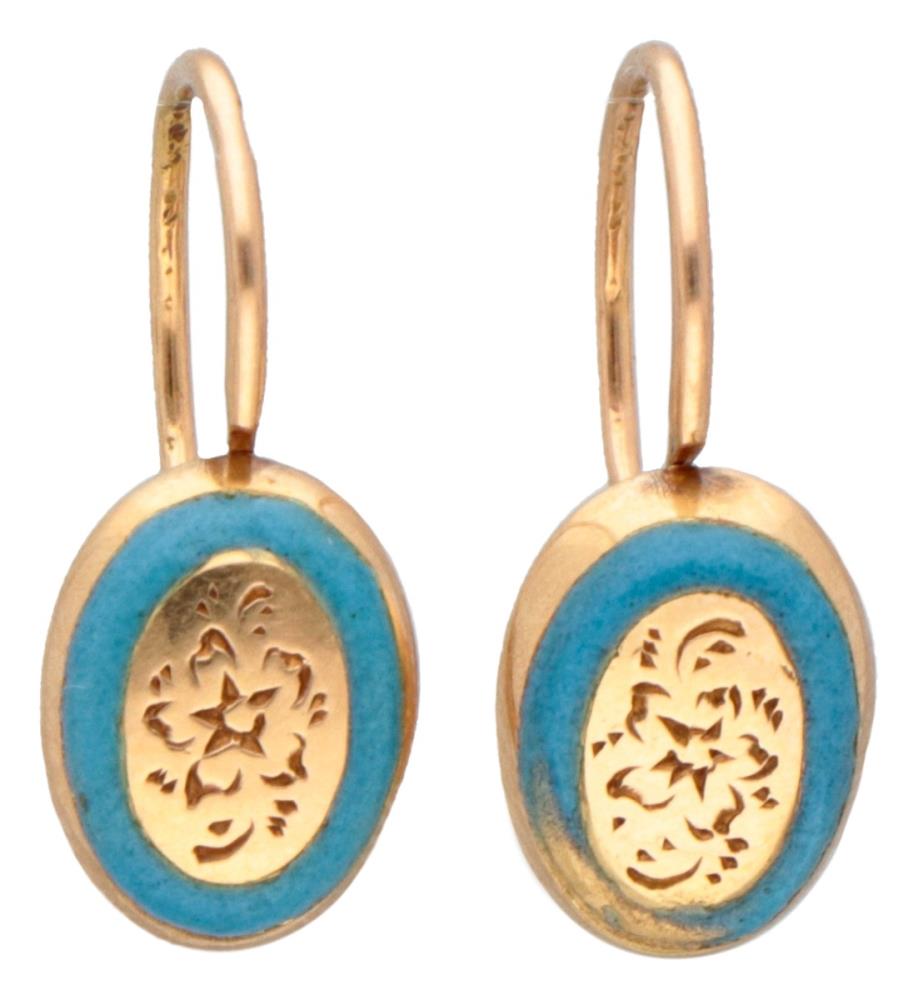 Antique 14K. yellow gold earrings with blue enamel and engraved floral details.