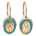 Antique 14K. yellow gold earrings with blue enamel and engraved floral details.