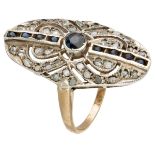 14K. Gold / 835 silver ring set with approx. 0.37 ct. natural sapphire and diamonds.