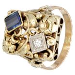 Retro 14K. yellow gold floral decorated ring set with diamond and synthetic sapphire.