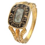 19th-century 15K. yellow gold Victorian mourning ring with hair and an inscription.