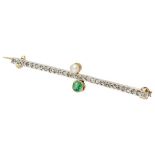 18K. Yellow gold bar brooch set with diamond, emerald and pearl.