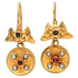 Antique 18K. yellow gold earrings set with ruby ​​and seed pearls.