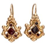 Antique 14K. yellow gold earrings set with glass garnet.