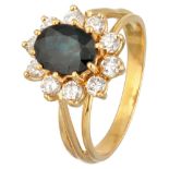 18K. Yellow gold entourage ring set with approx. 1.96 ct. natural sapphire and approx. 1.00 ct. diam