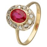 18K. Yellow gold Art Deco entourage ring set with diamond and synthetic ruby.