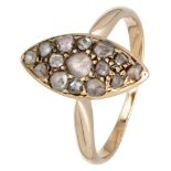 14K. Rose gold marquise ring set with rose cut diamonds.