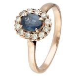 BLA 10K. rose gold cluster ring set with approx. 0.70 ct. natural sapphire and approx. 0.12 ct. diam