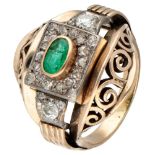 BLA 10K. bicolor gold ring set with approx. 0.39 ct. diamond and natural emerald.