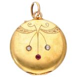 Antique 14K. yellow gold medallion pendant set with a rhinestone and seed pearls.