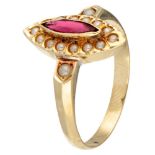 14 kt yellow gold marquise ring set with glass garnet and seed pearls.