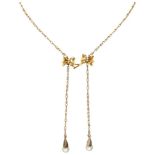 Antique 14K. yellow gold ribbon bows negligee necklace, set with rose cut diamond and pearl.