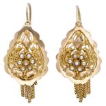 Antique 14K. bicolor gold Dutch regional costume earrings set with seed pearls.