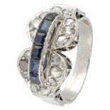 Pt 900 platinum / 18K. white gold retro tank ring set with rose cut diamond and sapphire.